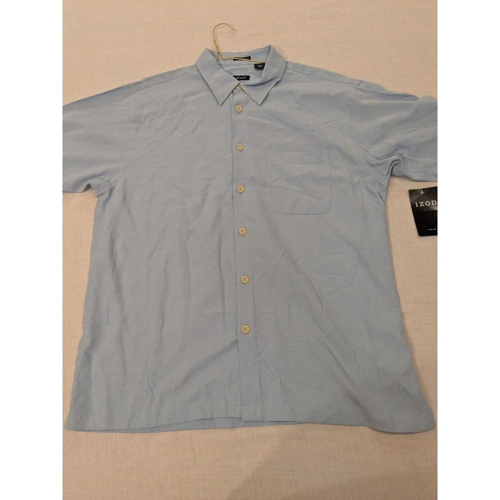 IZOD Shirt Men XL Light Blue 100% Silk Short Sleeve Button Washable Pocket‎ NWT - Picture 11 of 14